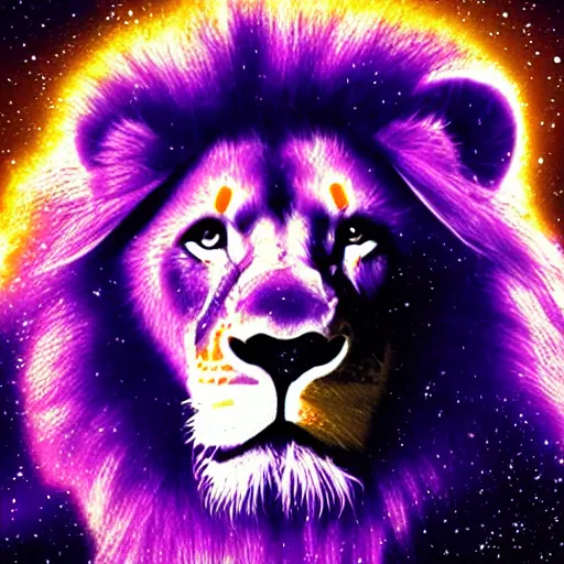 Image similar to an electric purple lion in space