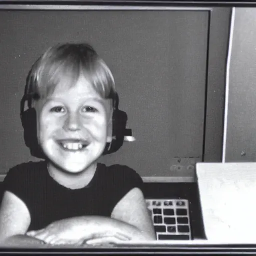 Prompt: 0 0 s kid with creepy smile behind a old computer monitor