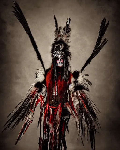 Prompt: lady native sisters ghost - spirit of the grim - warpaint wears the scarlet skull armor and native blood headdress feathers, midnight fog - mist!, dark oil painting colors, realism, cinematic lighting, various refining methods, micro macro autofocus, ultra definition, award winning photo, photograph by ghostwave - gammell - giger - shadowlord