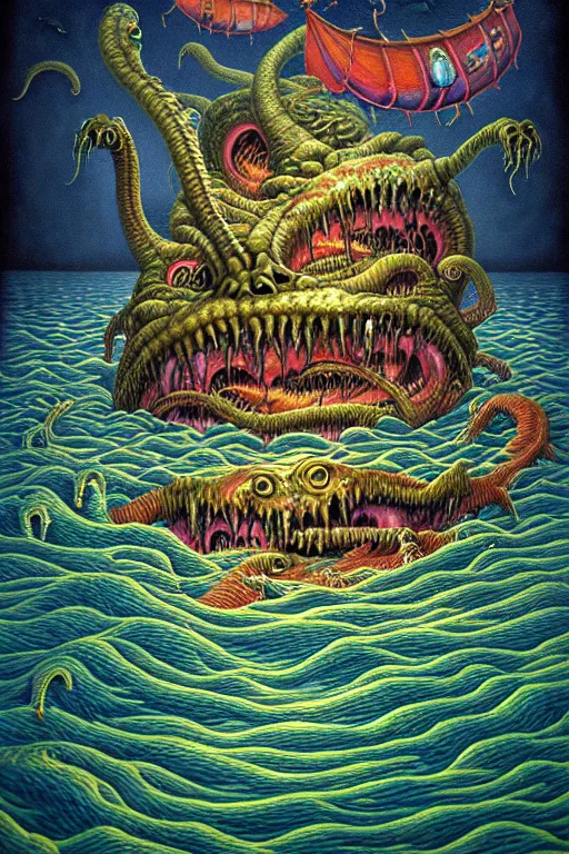 Prompt: a photorealistic painting of an isometric nightmare on the water horror by johfra bosschart, lisa frank, dark fantasy art, high detail, trending on artstation