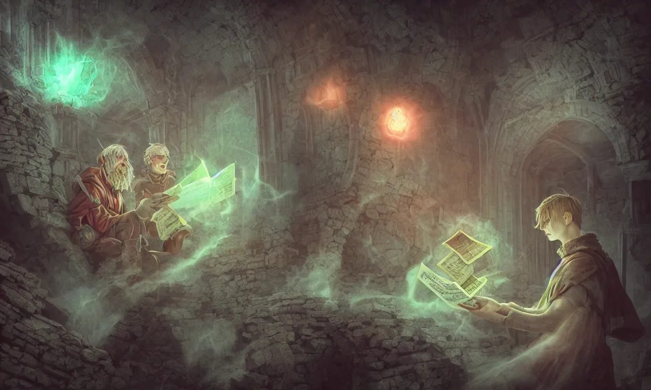 Image similar to kerberos realm, faked ticket close up, wizard reading a directory, nordic pastel colors, abandoned ruins, 3 d art, digital illustration, perfect lighting