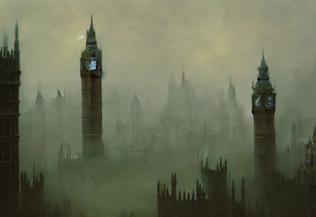 Image similar to london in green mist by carl gustav carus, clocktower, steampunk, tentacles, cthulhu, digital art, 4k, trending on artstation, highly detailed