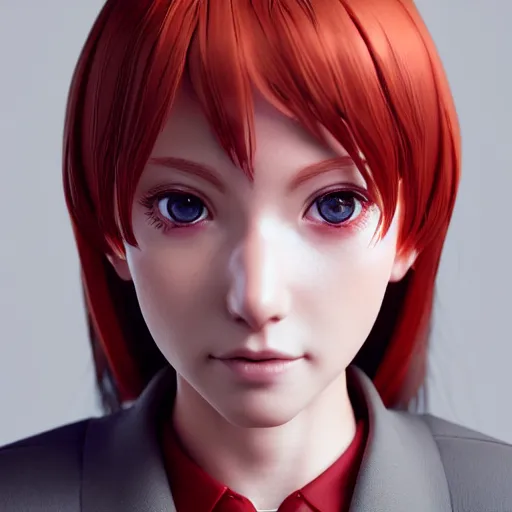 Image similar to intricate highly detailed face portrait of red - haired anime woman, school uniform, intricate, cgsociety, unreal engine, octane render, sharp focus, smooth, volumetric lighting, cinematic composition, artstation