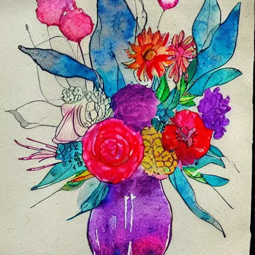 Image similar to a fancy vase with a colorful and beautiful flower arrangement by the fancy window. very stylize and delicate watercolor and pencil drawing on old newspaper. colors splashes. stains. view from far.