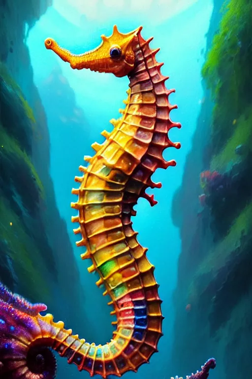 Image similar to highly detailed portrait of rainbow - colored seahorse, stephen bliss, unreal engine, fantasy art by greg rutkowski, rhads, ferdinand knab, makoto shinkai and lois van baarle, ilya kuvshinov, rossdraws, tom bagshaw, global illumination, radiant light, yellow blue theme, coral reef