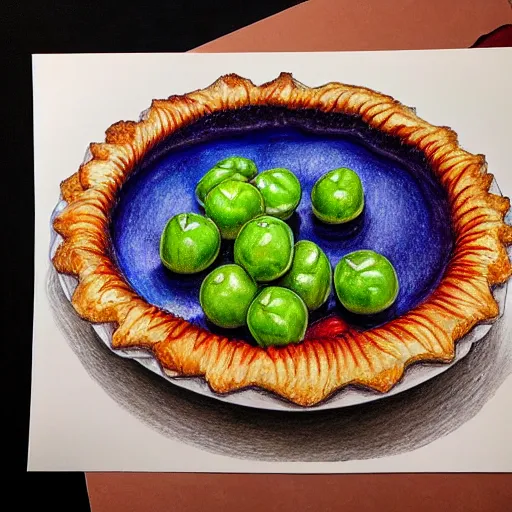 Image similar to Colored pencil art on paper, Gooseberry pie slice on a plate, highly detailed, artstation, MasterPiece, Award-Winning, Caran d'Ache Luminance