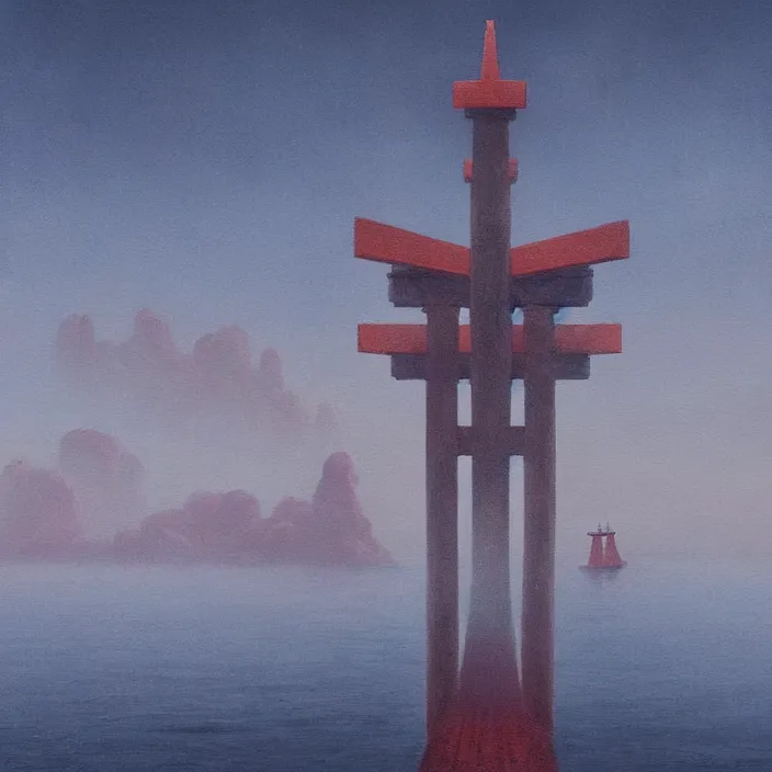 Prompt: a beautiful painting of a torii at sea by simon stalenhag and zdzisław beksinski and rene magritte and greg rutkowski, in style of digital art. hyper detailed, sharp focus, soft light. unreal engine 5. ray tracing. trending on artstation