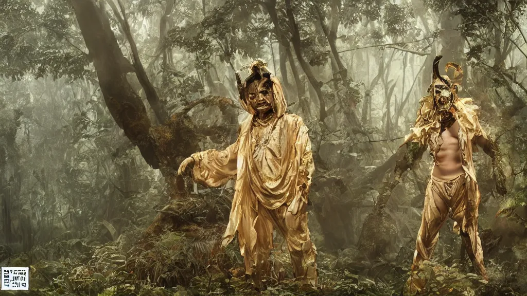 Prompt: a lonely golden fit toned asian god male draped in rotten white cloth, face wearing an oni mask, standing inside a tropical forest, by sung choi by john kirby artgerm and greg rutkowski by ivan shishkin, octane render, unreal engine, watercolor, telephoto, 8 k, natural lighting, in a symbolic and meaningful style