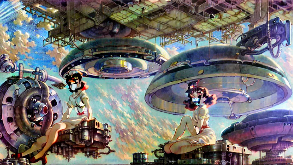 Image similar to a film still of a 1 9 5 0's mechanic anime girl with high detailed face sitting on top of flying ufo landing in hangar of giant ufo spaceship, trending on pixiv fanbox, painted by gaston bussiere, makoto shinkai, akihiko yoshida, gaston bussiere, craig mullins