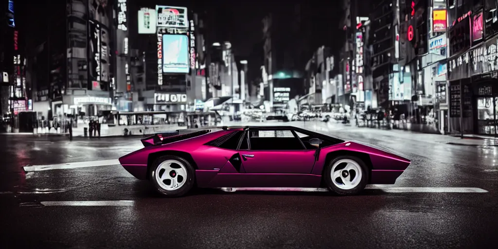 Image similar to photograph of a lamborghini countach parked in a rainy wide tokyo street at night with neon light signs illuminating the scene, sharp focus, highly detailed, ray tracing, cinematic, moody, hdr, 4 k, incredible detail