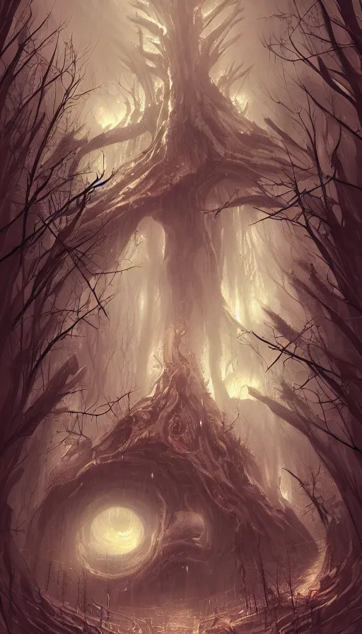 Image similar to a storm vortex made of many demonic eyes and teeth over a forest, by ross tran