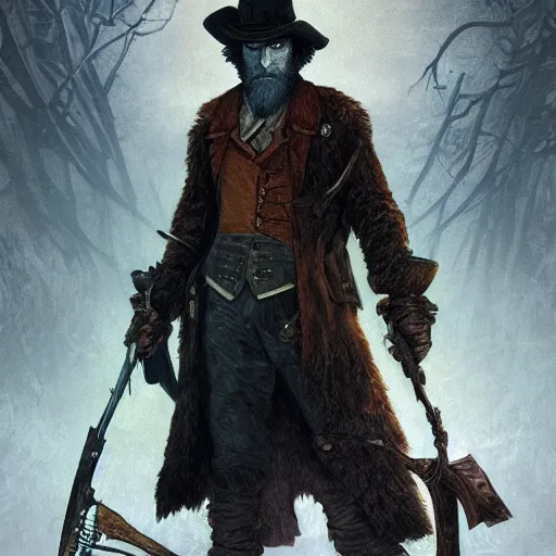 Prompt: an ultra detailed vector image of bob ross dressed as the hunter from bloodborne, concept art by alphonse mucha and greg rutkowski, praise the blood moon, octane render, liminal space