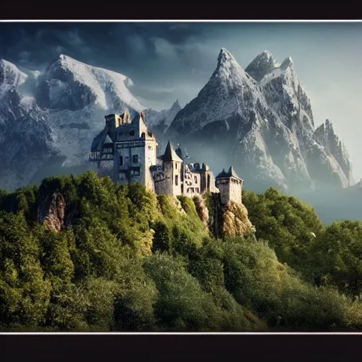 Image similar to a photo of a castle covered by nature, cinematic, very detailed, 8 k uhd, mountains in the horizon