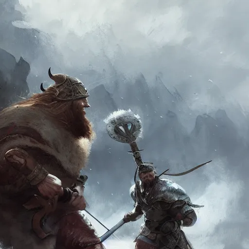 Prompt: viking fighting against a giant in the style of craig mullins, ruan jia, kentaro miura, greg rutkowski, loundraw