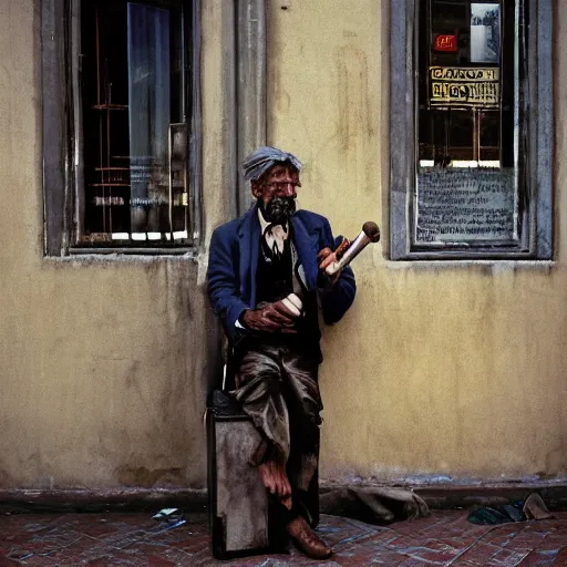 Image similar to homeless millionaire, in expensive clothes and with a cigar, by Steve McCurry, clean, detailed, award winning