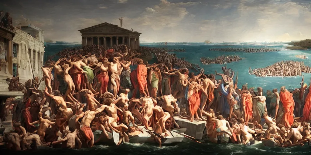 Image similar to a mix between the raft of the medusa and the school of athens, matte painting, oil canvas, photorealistic illustration, extreme detail, hyper realistic, highly detailed