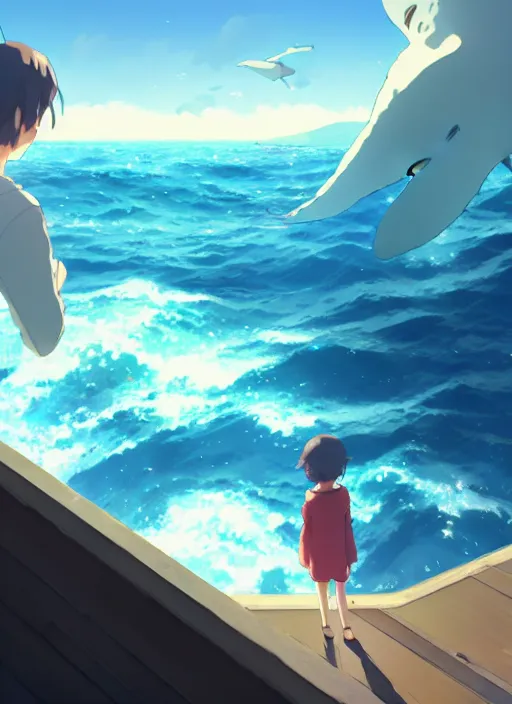 Image similar to boy and girl watching big whales flying on sky from a room window, illustration concept art anime key visual trending pixiv fanbox by wlop and greg rutkowski and makoto shinkai and studio ghibli