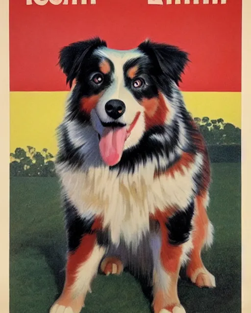 Image similar to soviet propaganda poster of an australian shepherd, soviet art