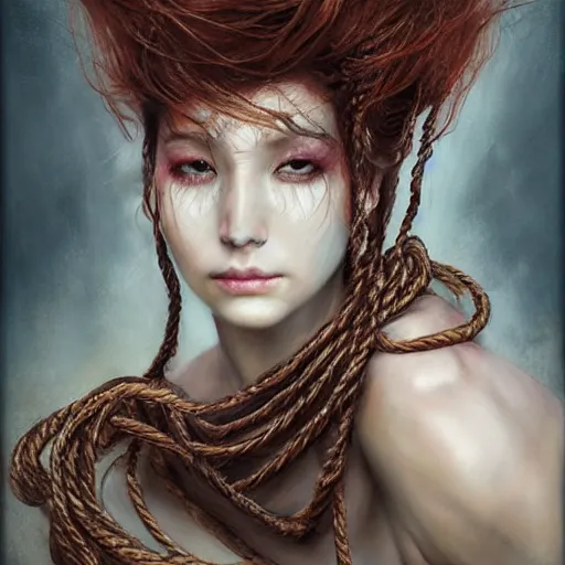 Image similar to portrait of a Shibari rope wrapped face and neck, headshot, insanely nice professional hair style, dramatic hair color, digital painting, of a old 13th century, traveler, amber jewels, baroque, ornate clothing, scifi, realistic, hyperdetailed, chiaroscuro, concept art, art by Franz Hals and Jon Foster and Ayami Kojima and Amano and Karol Bak,