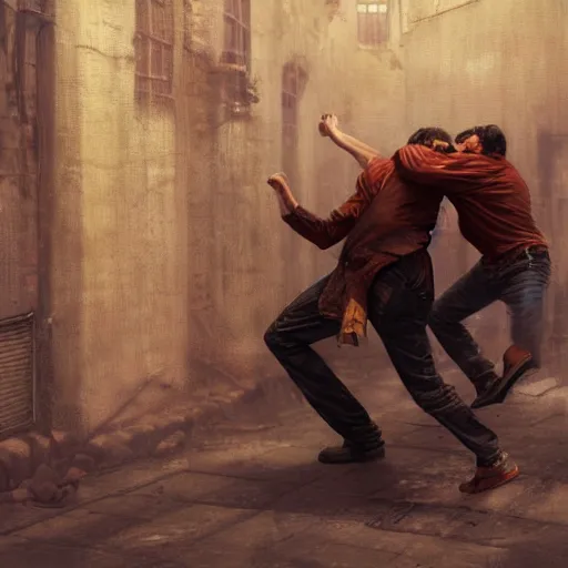 Image similar to original masterpiece artwork close-up of 2 men choking each other during a fight in an alleyway by greg rutkowski and drew strewzan, horror, crime, hyperrealistic, octane render, exciting pose, dynamic lighting