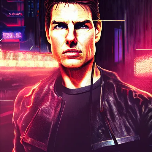 Image similar to tom cruise portrait, Cyberpunk 2077, cyberpsycho, photorealistic, ultra detailed, neon, octane, bokeh, cyber, cyberpunk city, feature, scars, cyberface, 8k