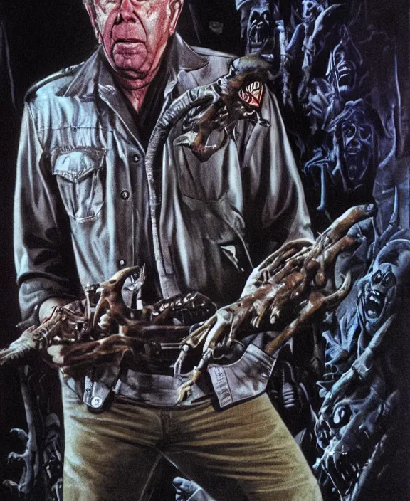 Image similar to illustration of Clu Gulager as Burt from Return of the Living Dead (1985), Les Edwards poster art, detailed