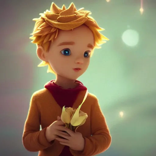 Prompt: the little prince with his rose illustration, bokeh, octane render, award winning