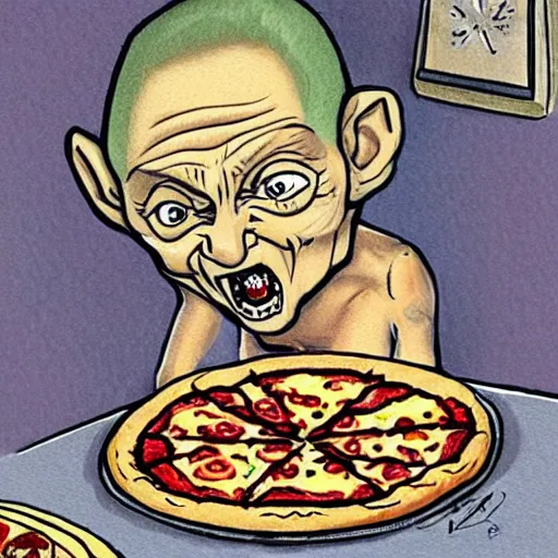 Image similar to a caricature drawing of gollum being eaten by a pizza