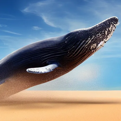 Image similar to a magic whale jumping out of the sand majestically, realistic, 4 k