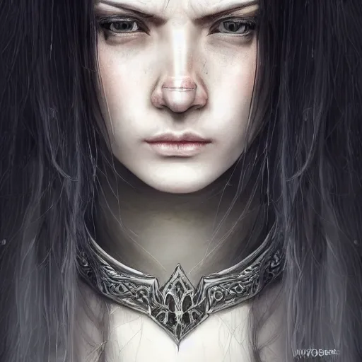 Prompt: portrait of a beautiful female cleric with long black hair and a angry face. She wear a silver detailed symetric amulet of a sun eye. And carry a long needle in his hands. Epic fantasy. beautiful. hyperrealism symetric face cinematic top lighting, insanely detailed and intricate, face by wlop, Charlie Bowater, golden ratio, symmetric, elegant, ornate, luxury, elite, matte painting, cinematic, trending on artstation, deviantart and cgsociety, 8k, high resolution