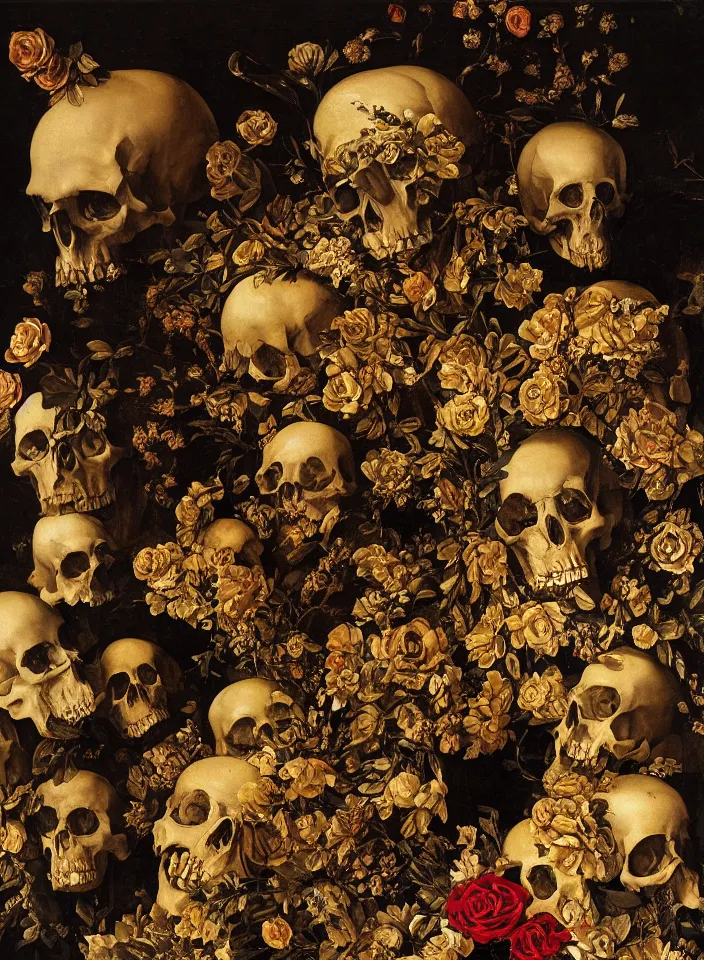 Prompt: portrait of hall of ossuary with a caves and marble skulls with a wreath of gold roses and a dress of gold rose petals , oil painting in a renaissance style , very detailed, painted by Caravaggio.