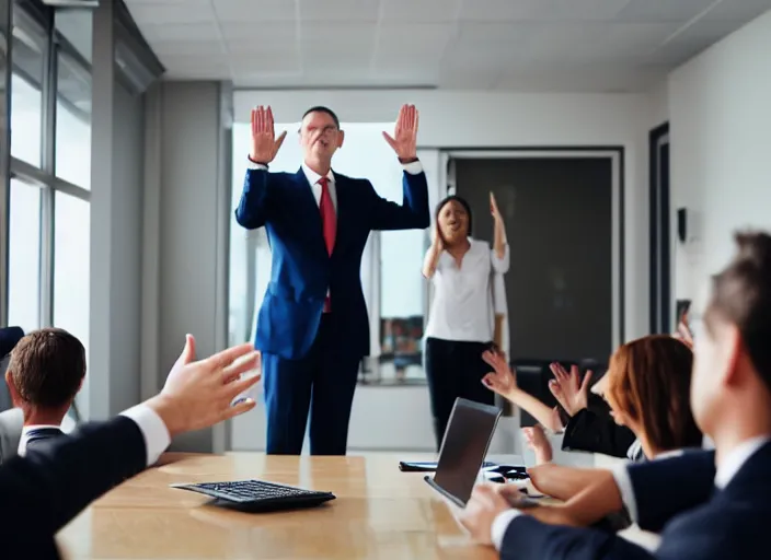 Prompt: realistic man in office waving goodbye to group of people