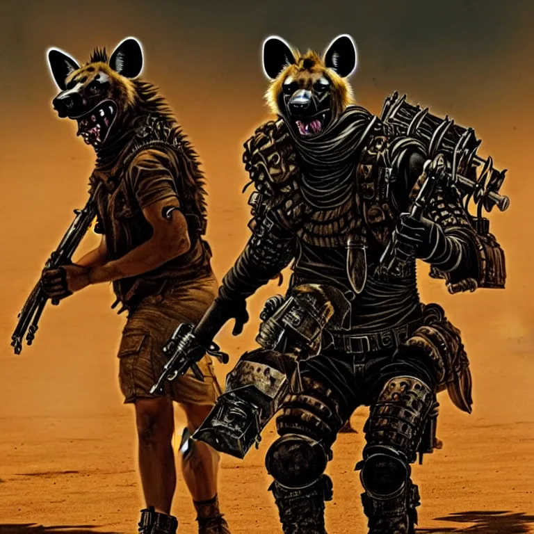 Image similar to a good ol'hyena fursona ( from the furry fandom ), heavily armed and armored facing down armageddon in a dark and gritty version from the makers of mad max : fury road. witness me.