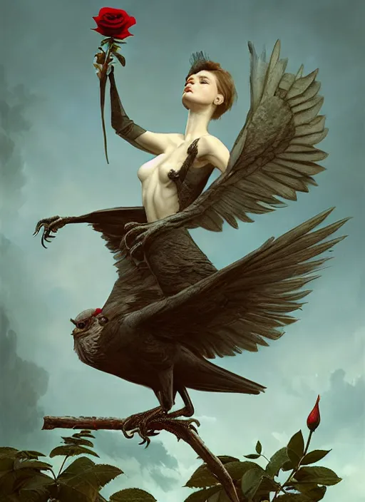 Image similar to the bird has grown its arms and is holding a rose, hyperrealism, no blur, 4 k resolution, ultra detailed, style of tyler edlin, tom bagshaw, arthur rackham, ivan shishkin