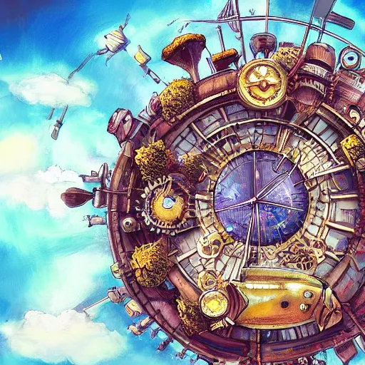 Prompt: city in a giant ring of petals, steampunk, fantasy art, sky in the background, detailed, behrens style