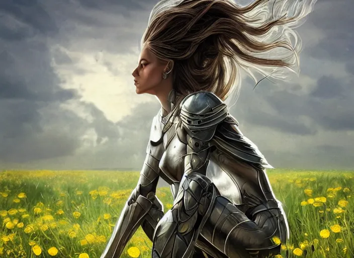 Image similar to a knightess kneeling on a field of dandelions, dramatic, wonderful shading, realistic perfect face, concept art, dynamic pose, digital illustration, trending on artstation, intricate details, epic composition, sharp focus, 8 k uhd, masterpiece, wlop, ross draws