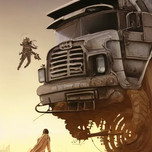 Image similar to a highly detailed epic cinematic concept art CG render digital painting artwork: the back of a steampunk truck in motion. girl in grey hoodie holds onto the back door of the truck. By Greg Rutkowski, Ilya Kuvshinov, WLOP, Stanley Artgerm Lau, Ruan Jia and Fenghua Zhong, trending on ArtStation, made in Maya, Blender and Photoshop, octane render, excellent composition, cinematic atmosphere, dynamic dramatic cinematic lighting, aesthetic, very inspirational, arthouse