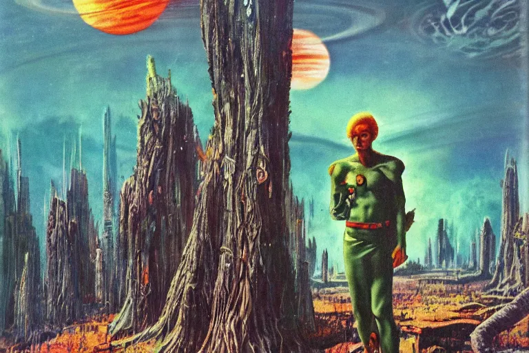 Image similar to 1 9 7 9 omni magazine cover of a nature druid elf in postapocalyptic city intertwined with nature and forest floating in in the clouds of jupiter, by vincent di fate