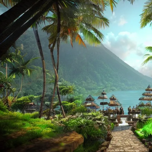 Image similar to A beautiful, perfect, impressive, amazing concept art digital CG painting of a place in Bali, trending on ArtStation, Unreal Engine