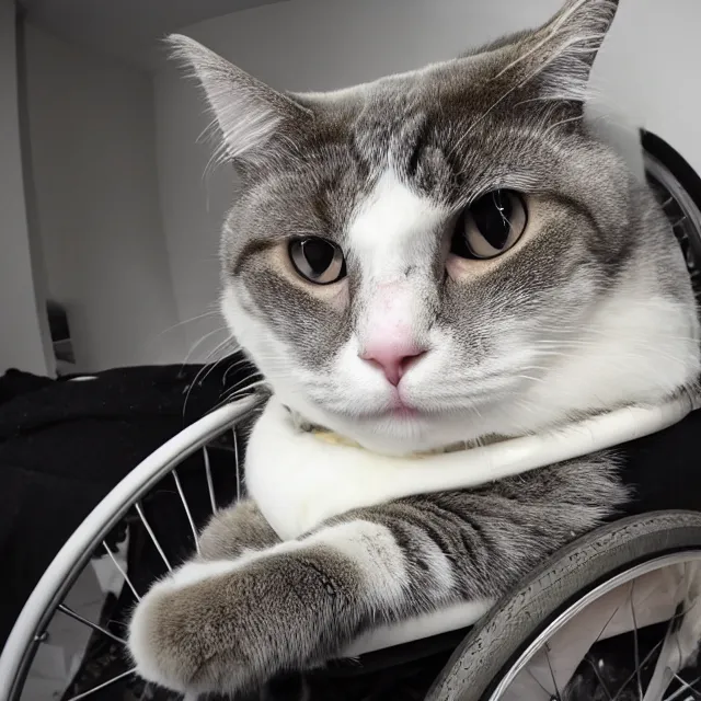 Image similar to fisheye view of super fat annoyed cat sitting in a wheelchair