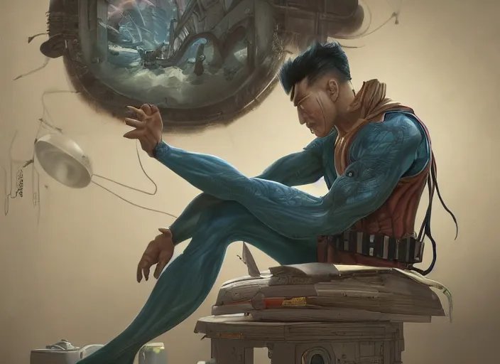 Image similar to an insanely detailed painting of an asian man wearing a homemade superhero costume, sitting at a desk, staring seriously at the computer and typing, in the style of peter mohrbacher, james jean, artgerm, dramatic lighting and composition, surreal background, octane render, pixar, trending on artstation, concept art, comic book, view from behind, 8 k