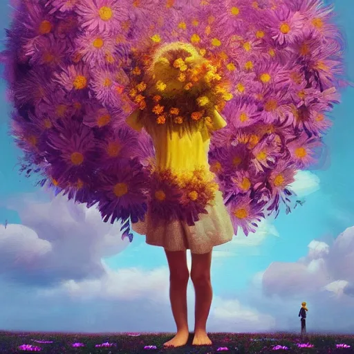 Prompt: head made of giant daisies, girl standing barefoot in a flower field, arms stretched, surreal photography, sunrise dramatic light, impressionist painting, colorful clouds, large sky, digital painting, artstation, simon stalenhag, flower face