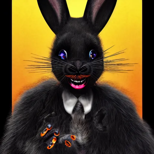 Image similar to A extremely highly detailed majestic hi-res beautiful, highly detailed head and shoulders portrait of a scary terrifying, horrifying, creepy black cartoon rabbit with scary big eyes, earing a shirt laughing maniacally , let's be friends, in the style of a Walt Disney cartoon