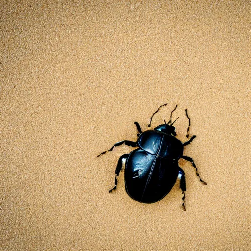 Image similar to a beetle drawn into the sand of a beach, top down view