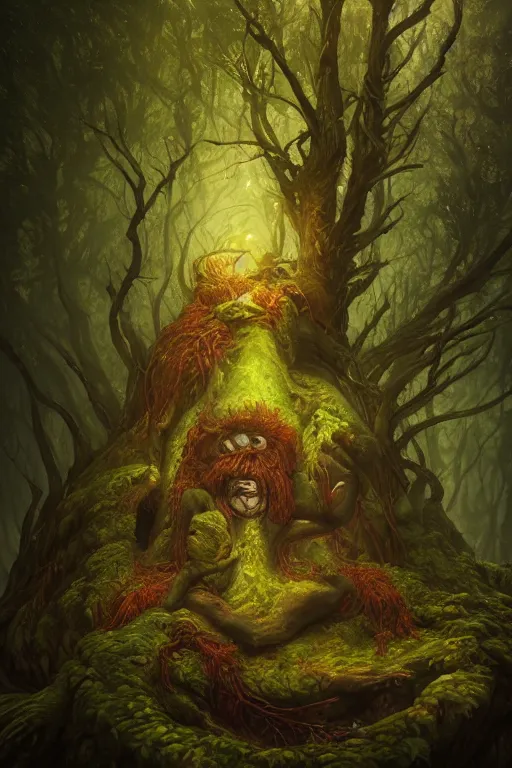 Image similar to a beautiful hyperrealistic painting of a forest troll by Anato Finnstark, Anton Semenov, gigantic, octane render, brilliantly coloured, intricate, ultra wide angle, trending on artstation, dusk, volumetric lighting, polished, micro details, ray tracing, 8k