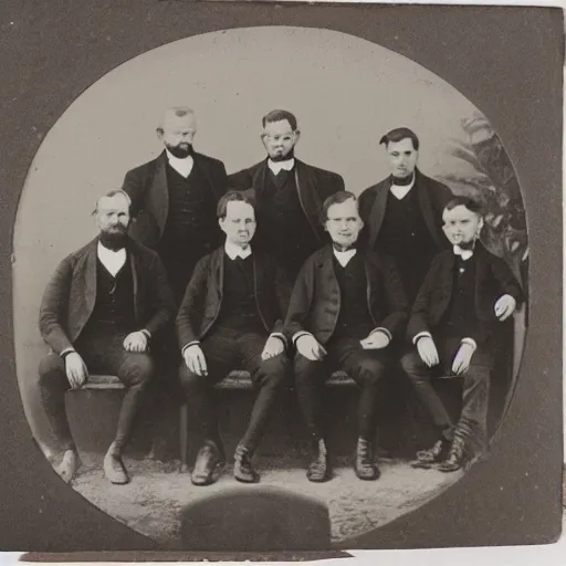 Prompt: 19th century group photo of six gentleman and one woman