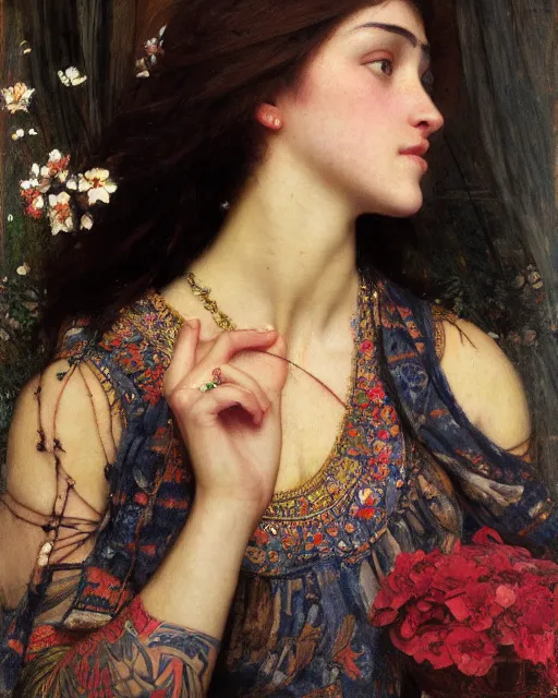Prompt: a beautiful girl with tattoos surrounded by flowers orientalist intricate portrait by john william waterhouse and edwin longsden long and theodore ralli and nasreddine dinet, oil on canvas. cinematic, hyper realism, dramatic lighting, high detail 8 k