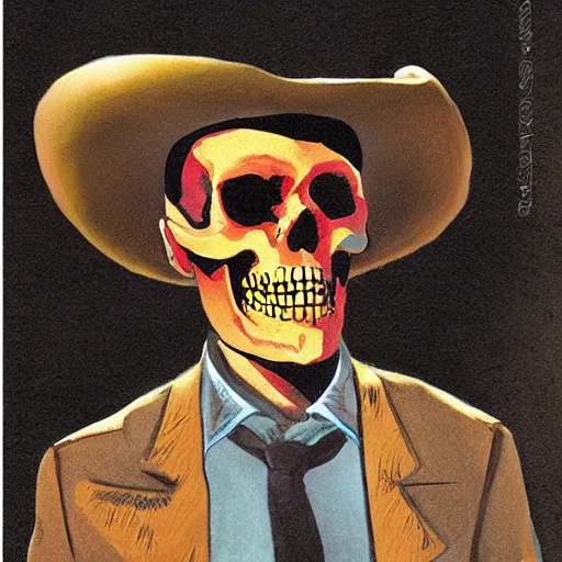 Prompt: skull - faced vaquero, pulp science fiction illustration