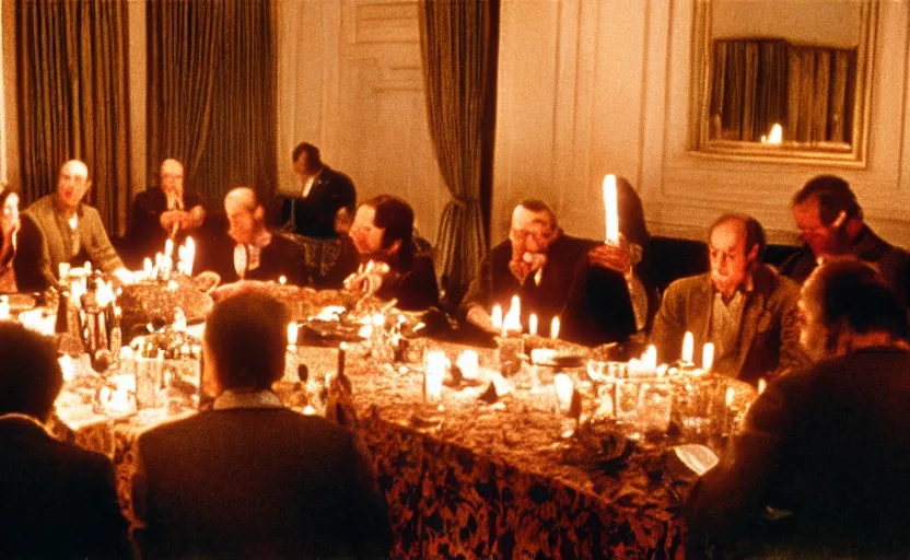 Prompt: Globalists and capitalist sitting around a big dinner table with candles in the shining by stanley kubrick, shot by 35mm film color photography