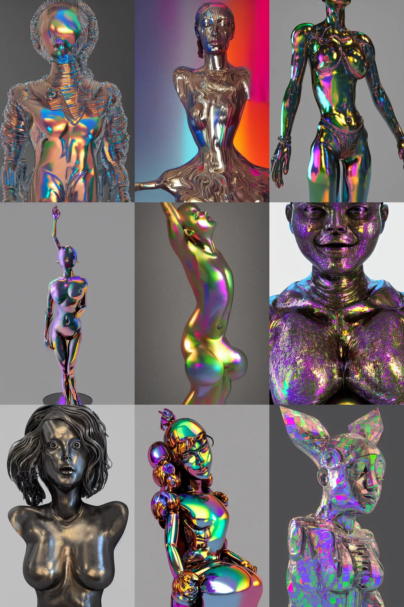 Prompt: metal sculpture, female figure with chest opening up towards the viewer, symmetrical and iridescent glass, rainbow reflections, style of ivan black, jack storms yunchul kim anthony howe, octane render, 4 k